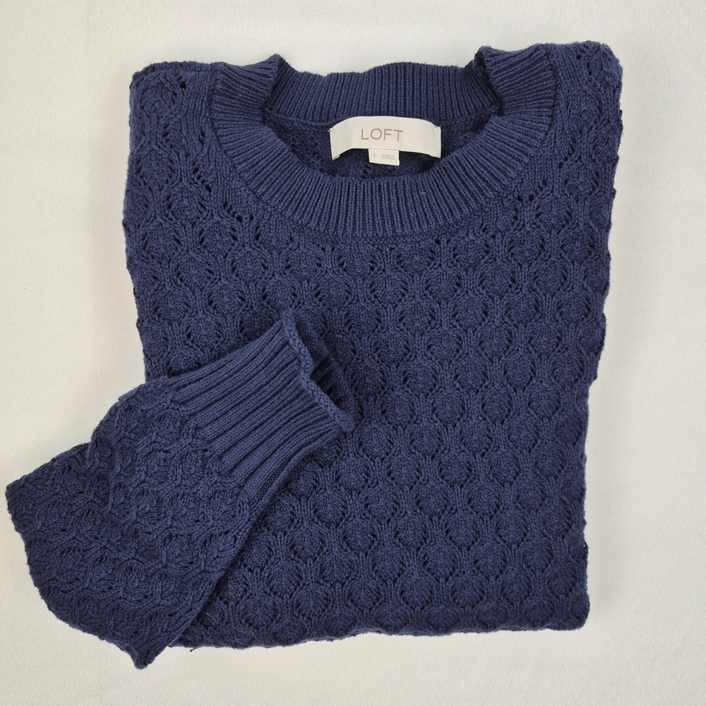 Loft Women's Blue Textured Knit Crew Neck Long Sleeve Pullover Sweater